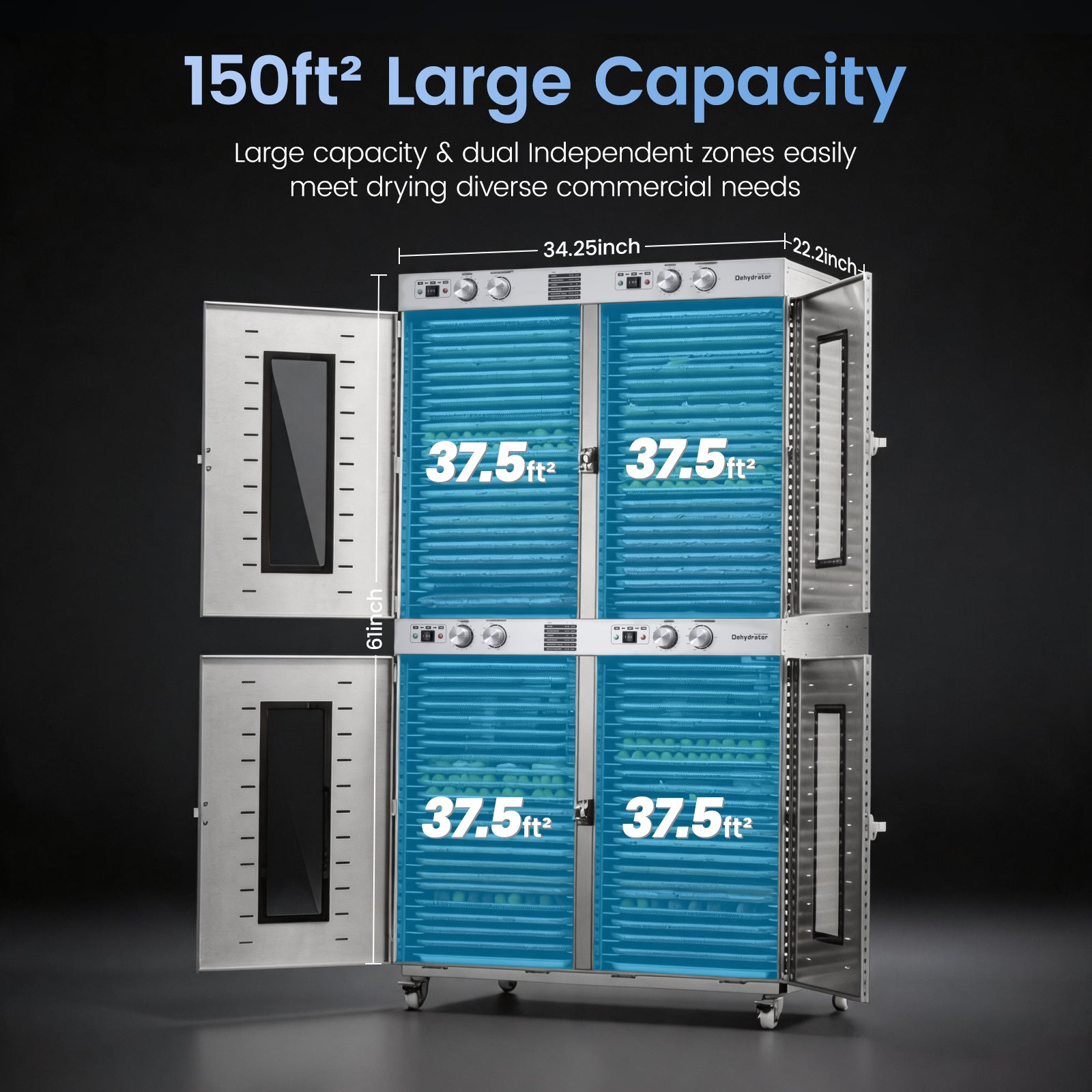 220V Commercial Food-Dehydrator Machine 88 Trays,150ft² Large Capacity Food-Dryer Machine with 15H & 194°F,7400W & 50Hz No Plug Industrial Commercial-Dehydrator Single-Phase for Food Processing Plant
