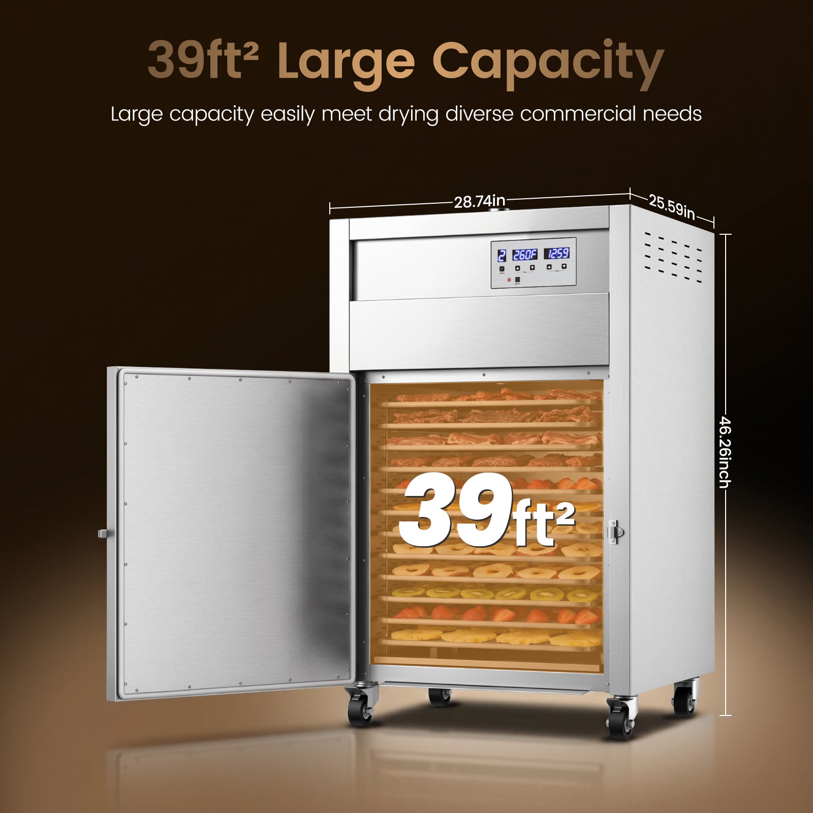 220V High Temp Food Dehydrator Machine 305℉,50Hz Commercial Dehydrator Machine with 9 Programmable Stages,12 Trays Industrial Food Dryer for Beef Jerky Maker 39ft² Large Dryer for Meat,Fruit (29×26×46
