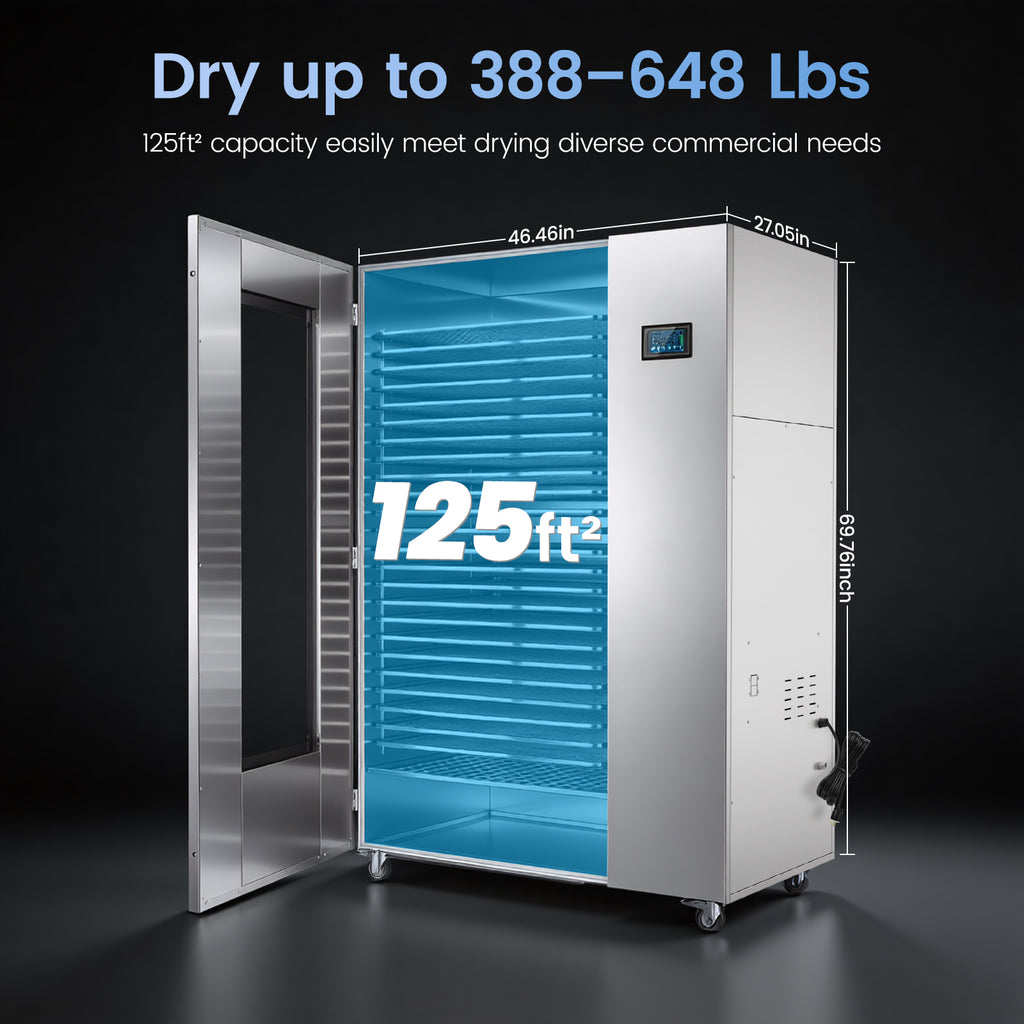 220V Industrial Heat Pump Food-Dehydrator Machine 60℉-158℉ Stainless Steel 24 Trays 50Hz Commercial Food Dryer 75% Energy Saving 125ft² Large Capcity Drying for Fruit,Beef Jerky Maker (46.5×27×69.8)