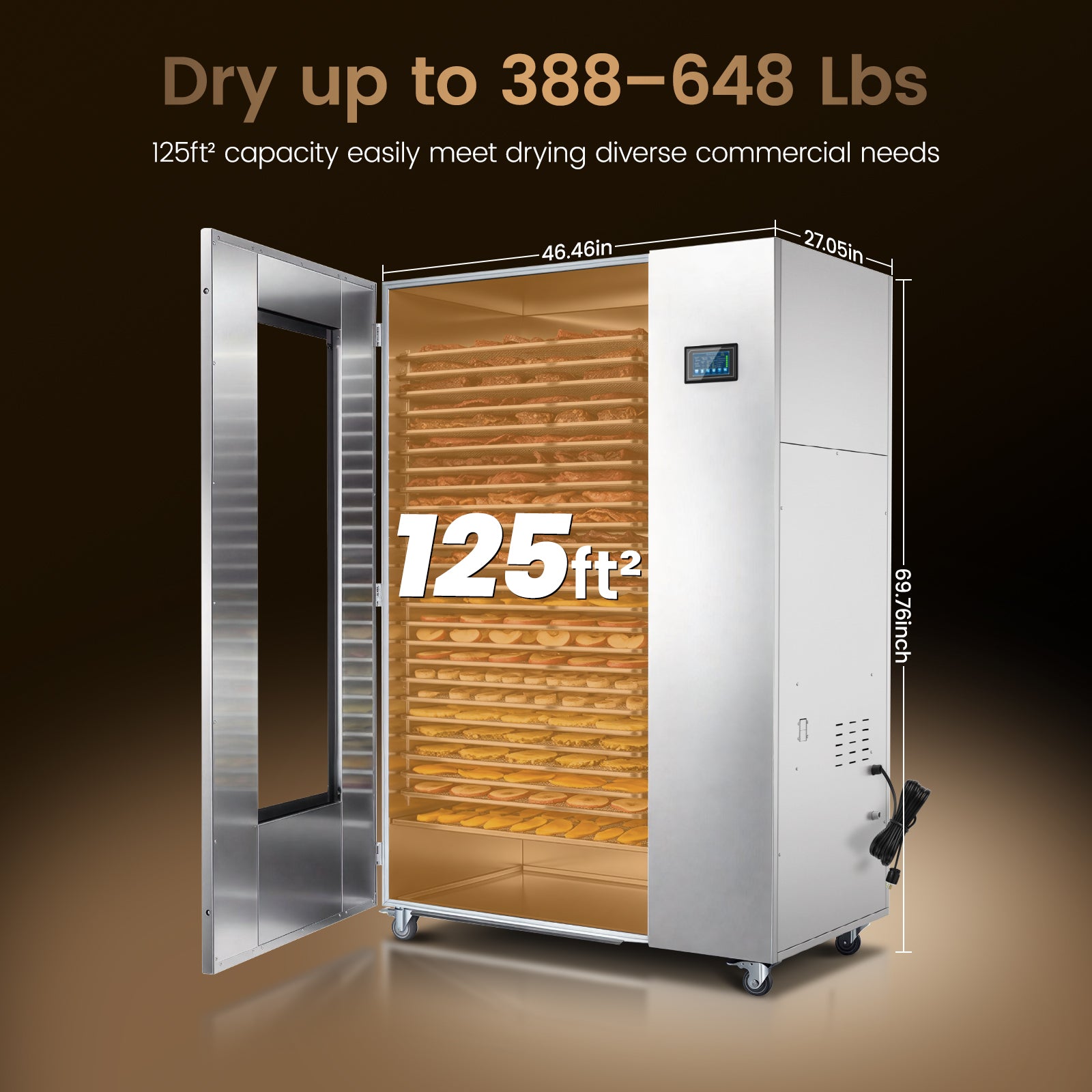 220V Industrial Heat Pump Food-Dehydrator Machine 60℉-158℉ Stainless Steel 24 Trays 50Hz Commercial Food Dryer 75% Energy Saving 125ft² Large Capcity Drying for Fruit,Beef Jerky Maker (46.5×27×69.8)