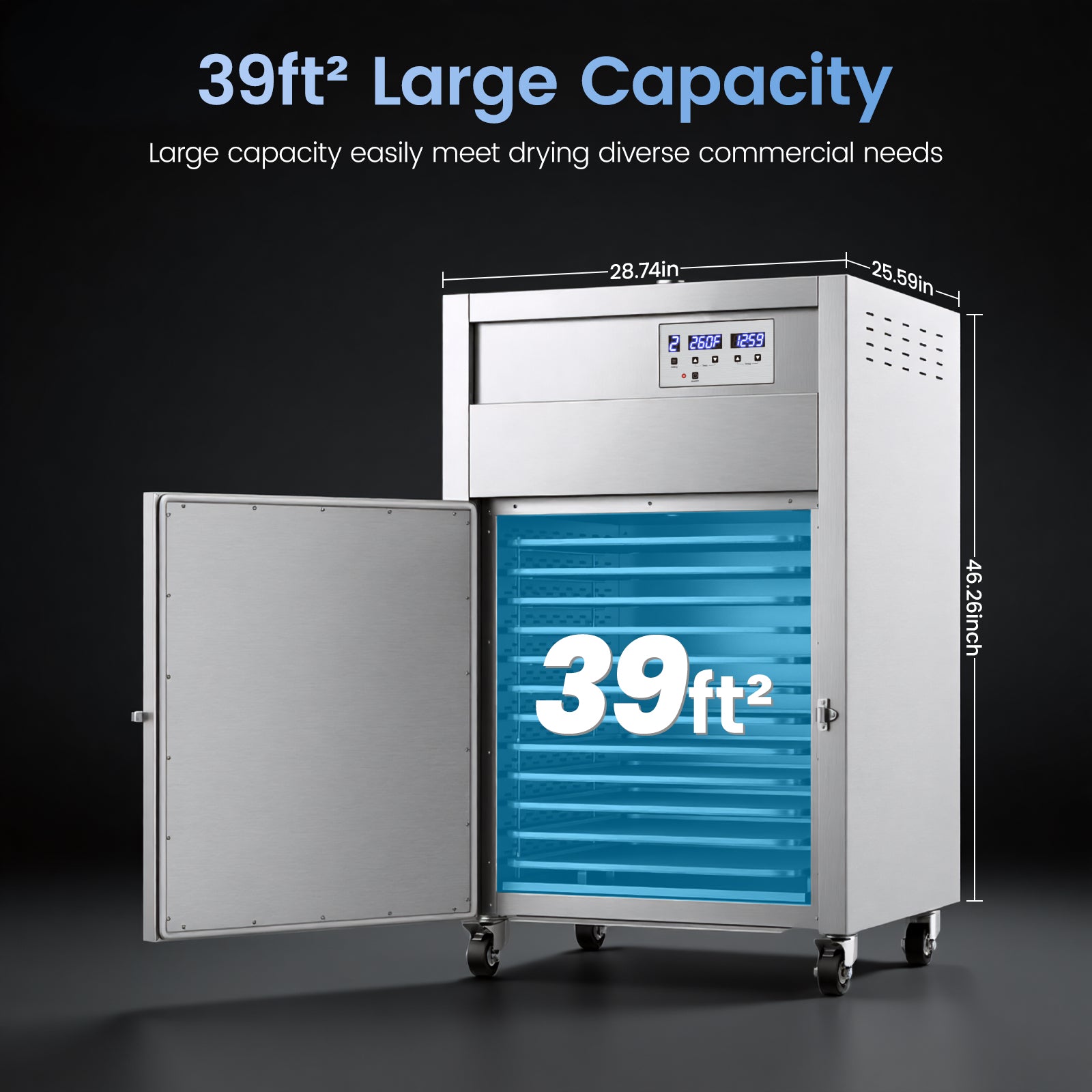 220V High Temp Food Dehydrator Machine 305℉,50Hz Commercial Dehydrator Machine with 9 Programmable Stages,12 Trays Industrial Food Dryer for Beef Jerky Maker 39ft² Large Dryer for Meat,Fruit (29×26×46