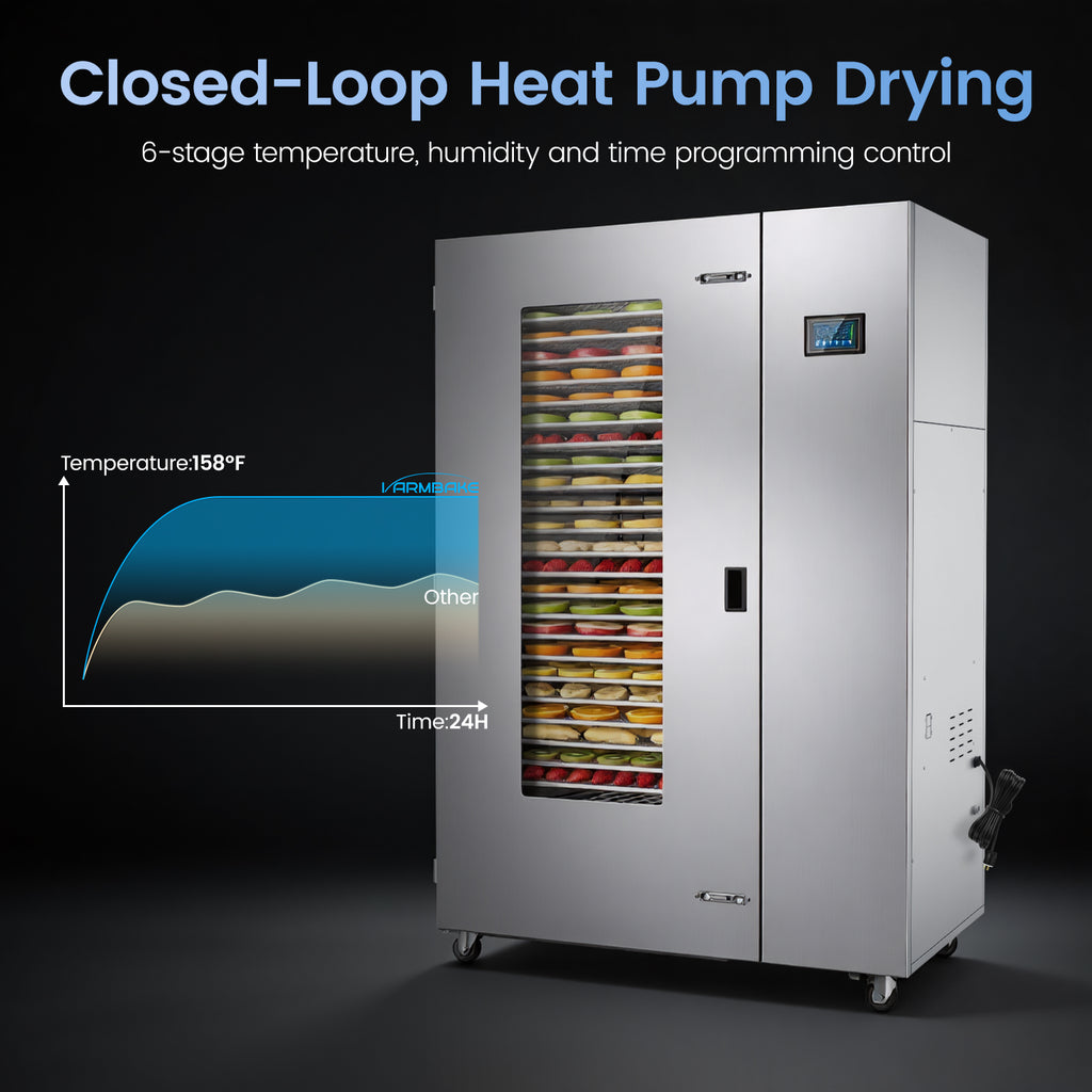 220V Industrial Heat Pump Food-Dehydrator Machine 60℉-158℉ Stainless Steel 24 Trays 50Hz Commercial Food Dryer 75% Energy Saving 125ft² Large Capcity Drying for Fruit,Beef Jerky Maker (46.5×27×69.8)