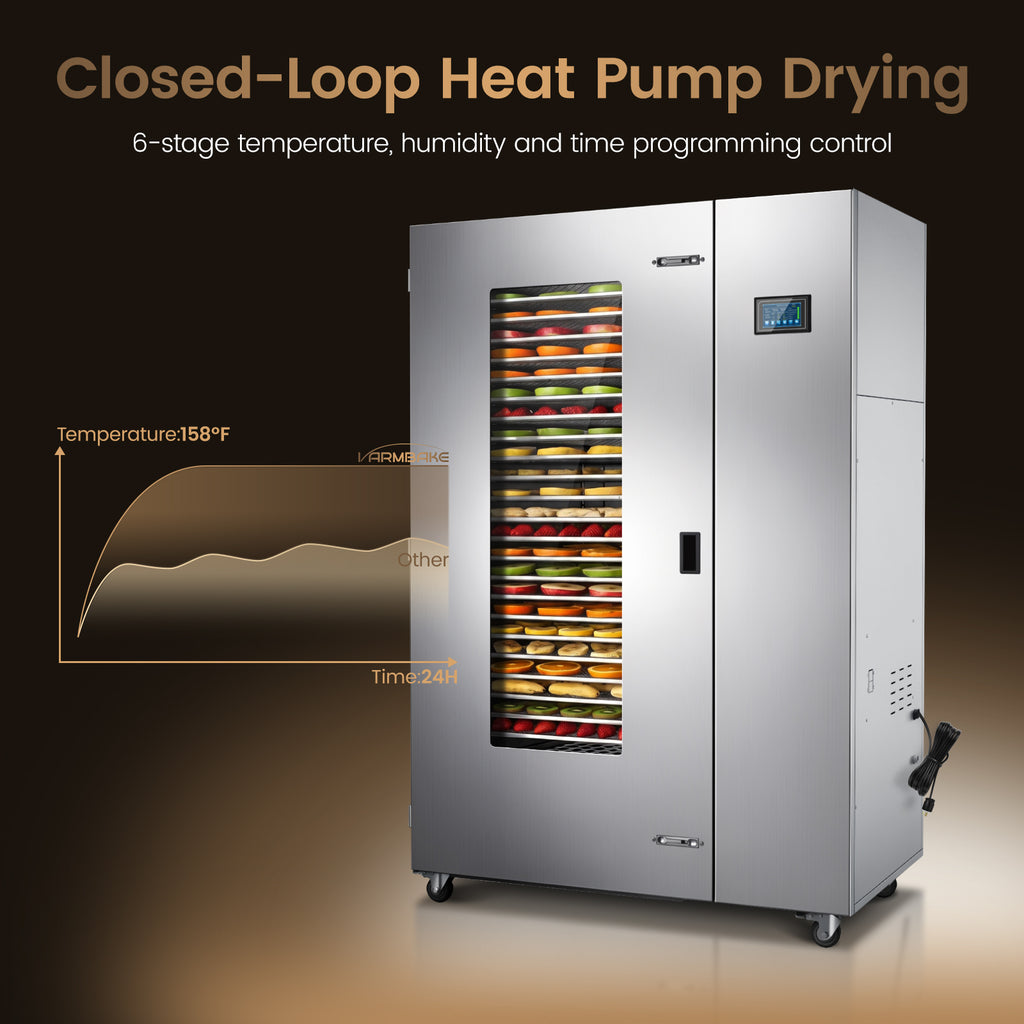 220V Industrial Heat Pump Food-Dehydrator Machine 60℉-158℉ Stainless Steel 24 Trays 50Hz Commercial Food Dryer 75% Energy Saving 125ft² Large Capcity Drying for Fruit,Beef Jerky Maker (46.5×27×69.8)