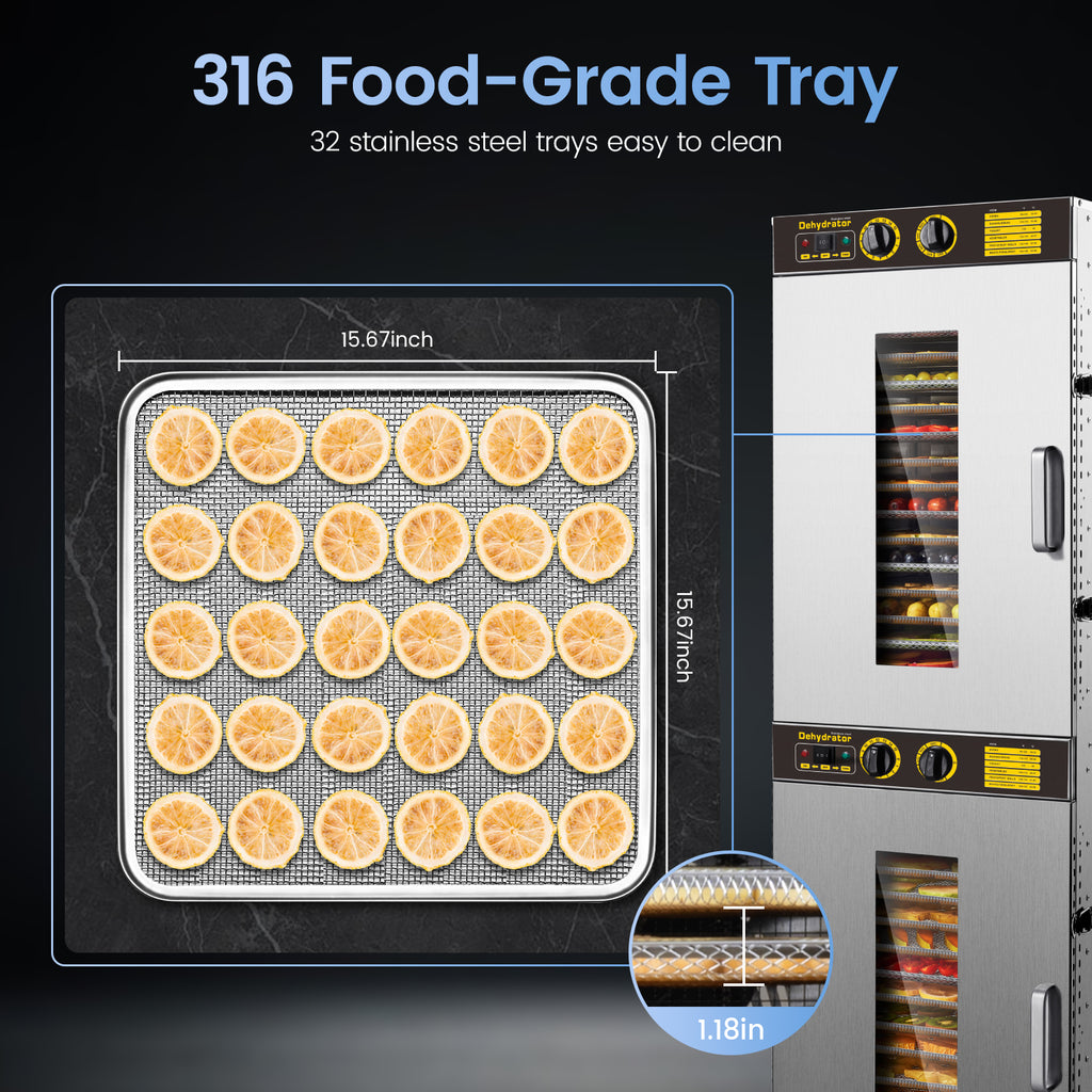 220V Commercial Food-Dehydrator Machine 32 Trays, 54ft² Large Commercial-Dehydrator,15H & 194℉ Timer Stainless Steel 50Hz Industrial Food-Dryer Machine Powerful Dryer for Food Processing,Restaurant