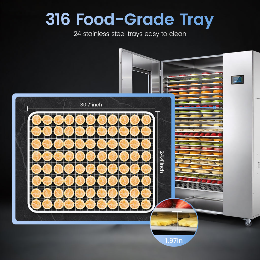 220V Industrial Heat Pump Food-Dehydrator Machine 60℉-158℉ Stainless Steel 24 Trays 50Hz Commercial Food Dryer 75% Energy Saving 125ft² Large Capcity Drying for Fruit,Beef Jerky Maker (46.5×27×69.8)