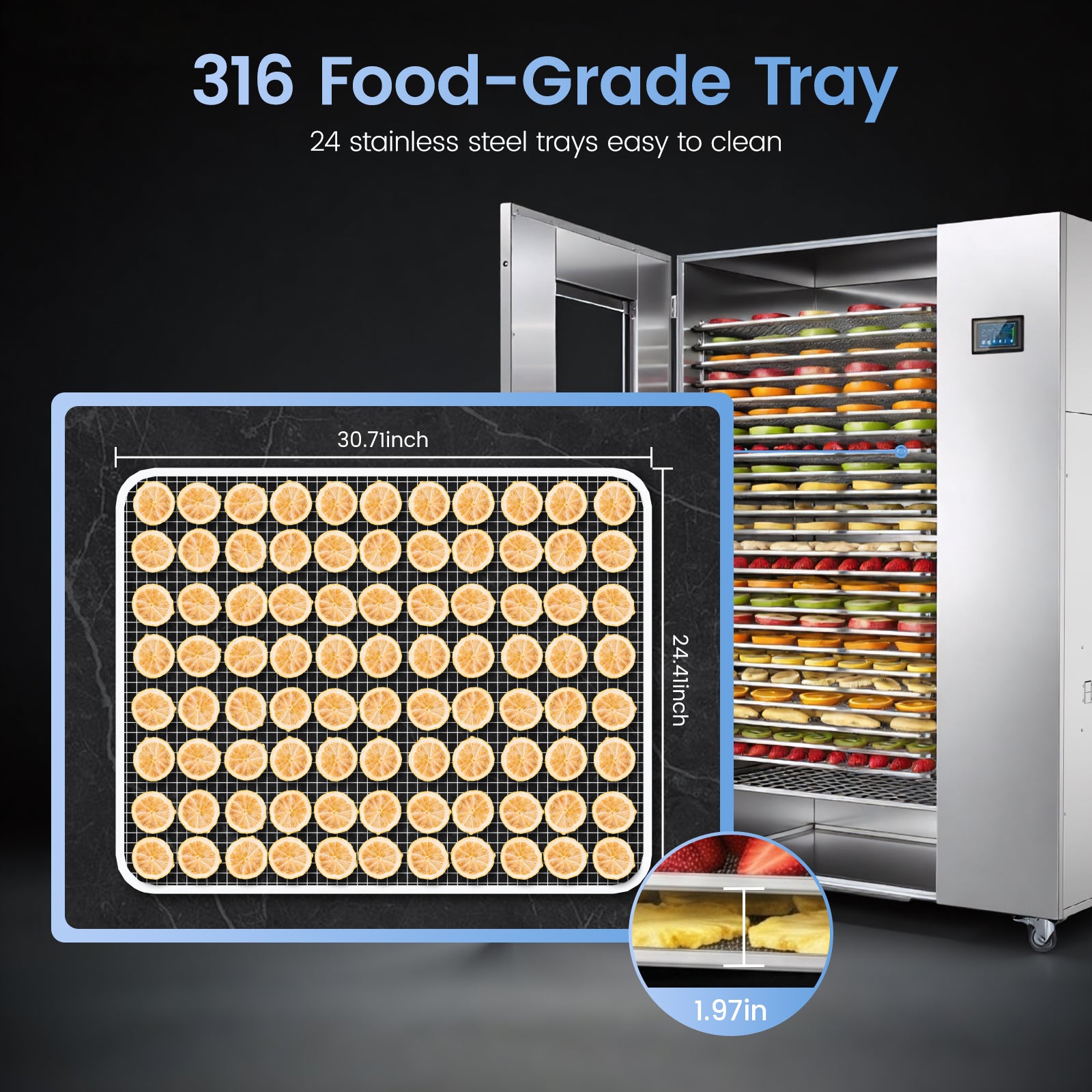220V Industrial Heat Pump Food-Dehydrator Machine 60℉-158℉ Stainless Steel 24 Trays 50Hz Commercial Food Dryer 75% Energy Saving 125ft² Large Capcity Drying for Fruit,Beef Jerky Maker (46.5×27×69.8)
