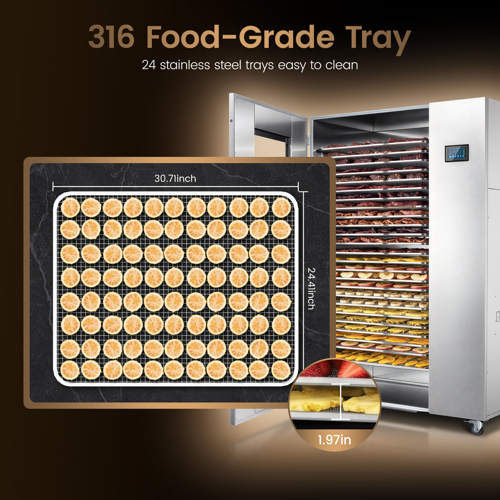 220V Industrial Heat Pump Food-Dehydrator Machine 60℉-158℉ Stainless Steel 24 Trays 50Hz Commercial Food Dryer 75% Energy Saving 125ft² Large Capcity Drying for Fruit,Beef Jerky Maker (46.5×27×69.8)
