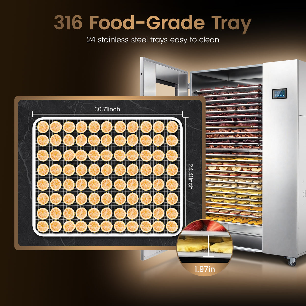 220V Industrial Heat Pump Food-Dehydrator Machine 60℉-158℉ Stainless Steel 24 Trays 50Hz Commercial Food Dryer 75% Energy Saving 125ft² Large Capcity Drying for Fruit,Beef Jerky Maker (46.5×27×69.8)