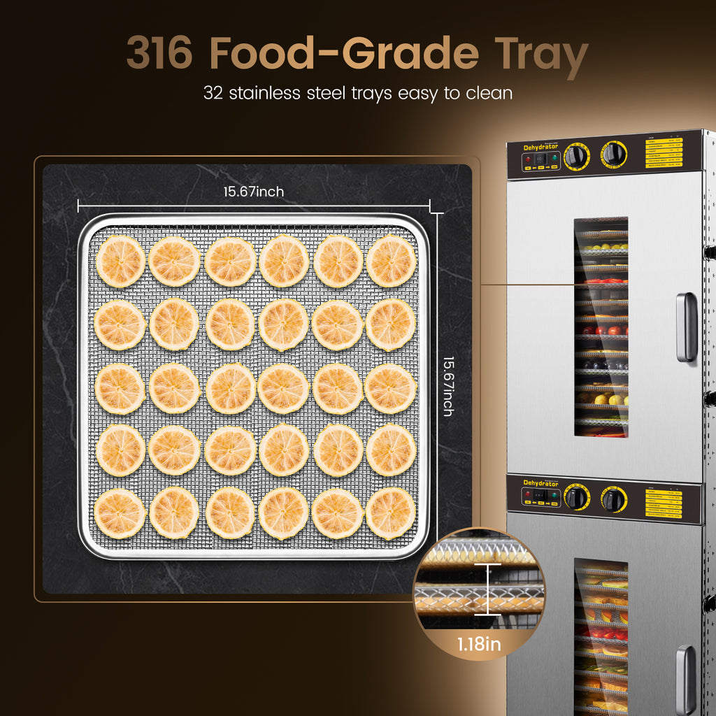 220V Commercial Food-Dehydrator Machine 32 Trays, 54ft² Large Commercial-Dehydrator,15H & 194℉ Timer Stainless Steel 50Hz Industrial Food-Dryer Machine Powerful Dryer for Food Processing,Restaurant